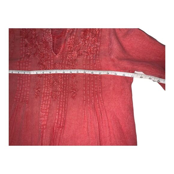 Karyn Seo Eva V-Neck 3/4 Sleeve Embroidered Coral Linen Shift Dress SZ MED. - Picture 8 of 13